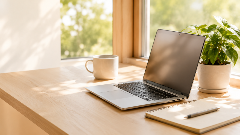 Espacio de trabajo con portátil junto a una ventana para contactar con Psicopreneur