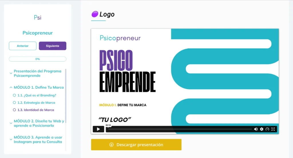 Campus de Psicoemprende con el Módulo 1 sobre branding y estrategia de marca