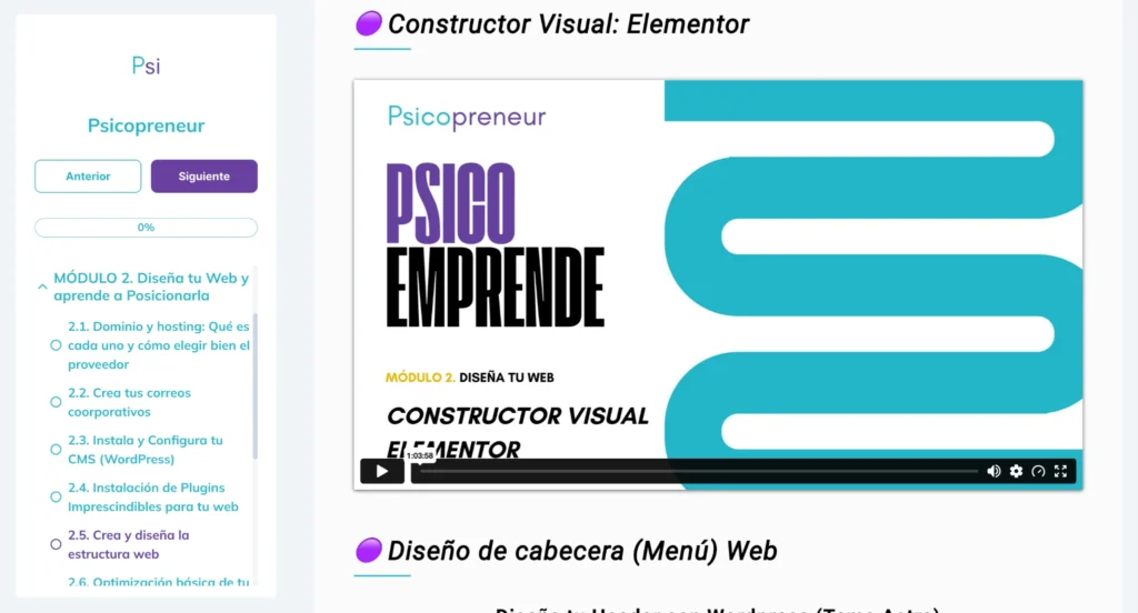Campus de Psicoemprende con el Módulo 2 sobre diseño web, WordPress, Elementor y SEO